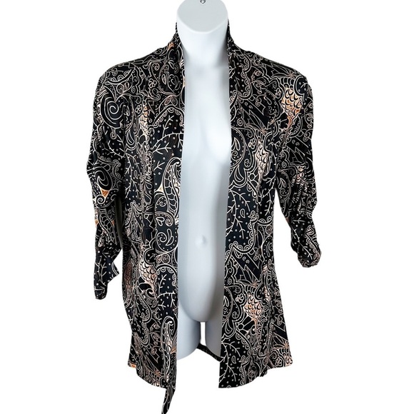 Lily By Firmiana Black Print Open Front Ruched Sleeve Cardigan - Picture 1 of 8